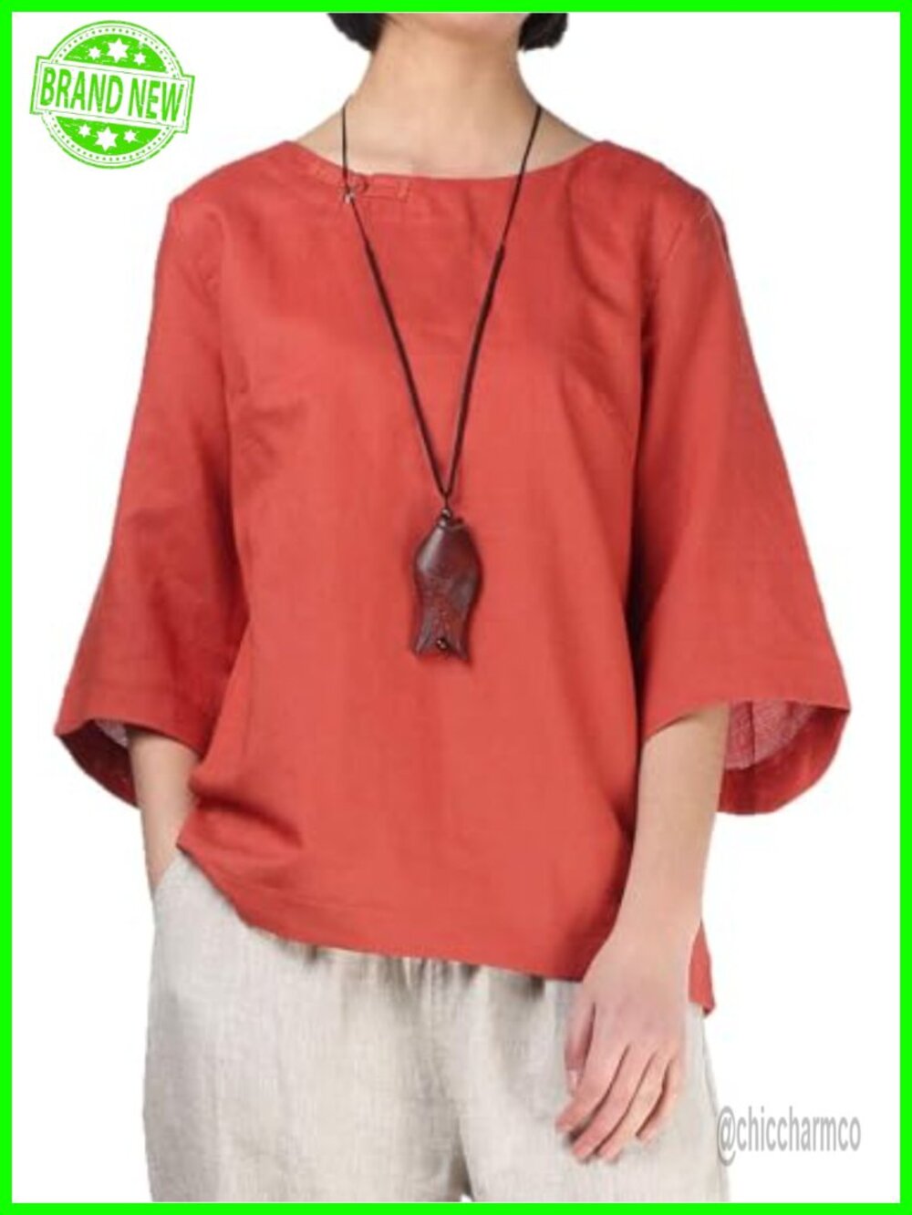 Women's Linen Blouse 3/4 Sleeve Round Neck Loose Fit Casual Top